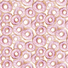 Watercolor hand painted seamless pattern. Pink donuts on white background. Perfect for scrapbooking, textile design, fabric, wallpaper, wrapping paper.