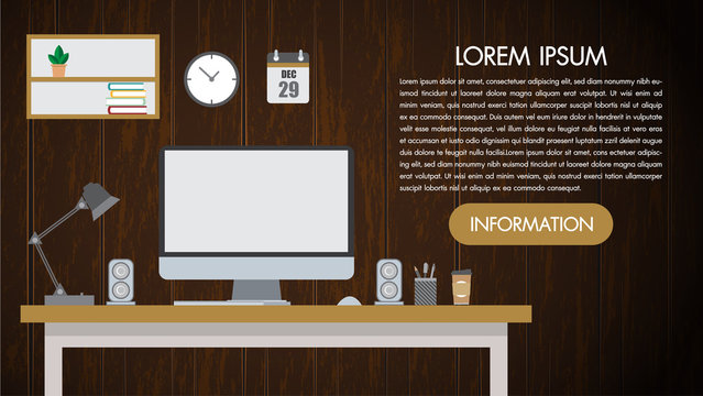 Realistic workplace desktop on wooden background wall. Work desk for office with stationery elements on the table. The web banner. Modern flat design.
