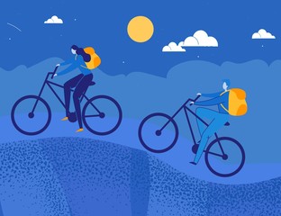 Fototapeta na wymiar Man and Woman Cartoon Characters on Romantic Moon Night Bicycle Ride. Travelers with Tourist Equipment Cycling Outdoors. Healthy Lifestyle and Recreation. Leisure Activity. Flat Vector Illustration.