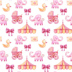 Watercolor hand painted seamless pattern. lovely elephant, bow, love letter, bird on white background. Perfect for scrapbooking, textile design, fabric, wallpaper, wrapping paper.