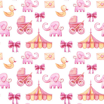 Watercolor hand painted seamless pattern. lovely elephant, bow, love letter, bird on white background. Perfect for scrapbooking, textile design, fabric, wallpaper, wrapping paper.