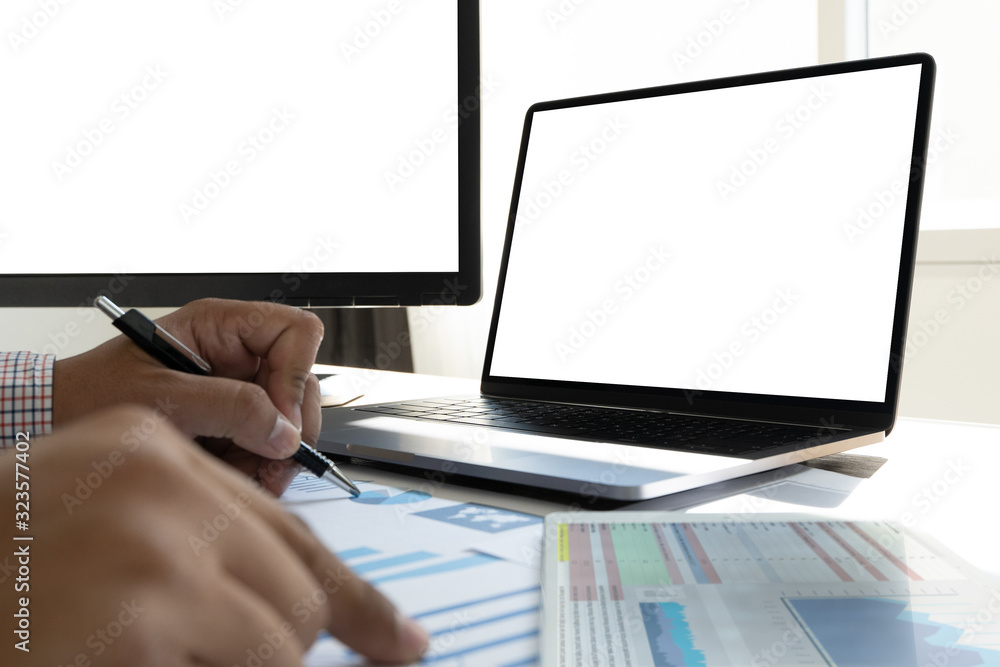 Poster man using laptop with blank screen work on blank screen computer cloud computing