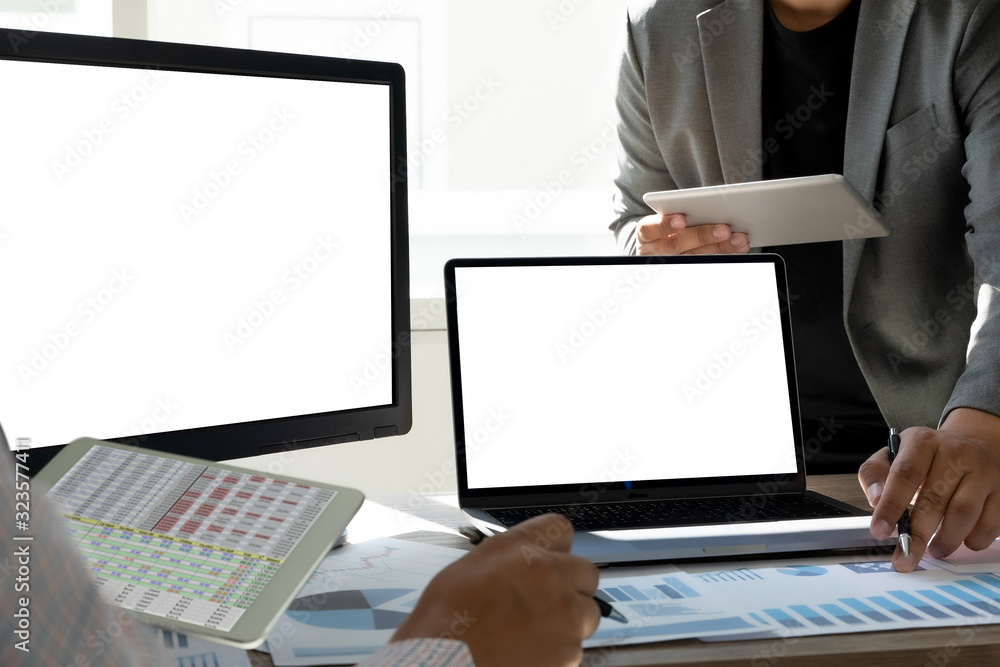 Poster man using laptop with blank screen work on blank screen computer cloud computing