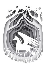 Mythical Pegasus in forest, vector illustration in paper art style