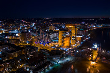 Fototapeta na wymiar Night aerial photo Kovington Kentucky on the Ohio River