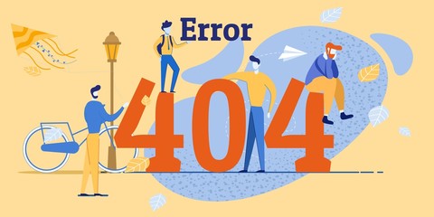 Internet Disconnection Problem Error Flat Poster. Page not Found. Site under Construction. Lettering Number 404 with Cartoon Tiny Adult People and Schoolboy Characters. Vector Flat Illustration