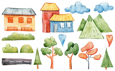 Watercolor hand painted cartoon houses, trees clipart. DIY clipart.. Hand drawn fantasy world illustration. Can be used for pattern, greeting card, print, poster, book illustration, creator set
