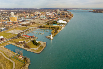 Aerial photo Milliken State Park Lighthouse Detroit Michigan USA