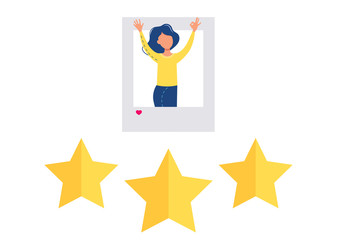 Girl leaves feedback, comment, five star rate, highest rate.  Good work. Vector Illustration
