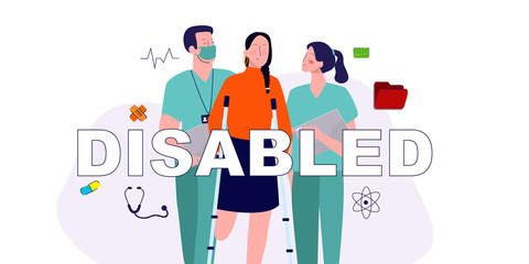 disabled woman cant walking with two nurses helping give support medical team