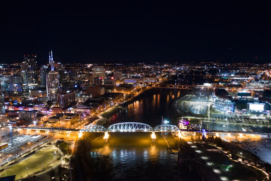 Night aerial photo Nashville Tennessee riverfront