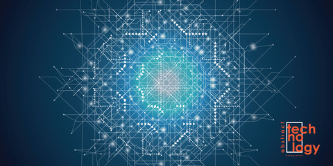 Abstract technology blue glowing connections in space with particles, big data, computer generated abstract background. Vector Illustration