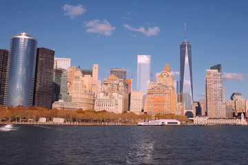 Obraz premium Skyscrapers of the city of New York. View from the ocean