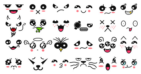 Kawaii cute faces. Manga style eyes and mouths. Funny cartoon japanese emoticon in in different expressions. Expression anime character and emoticon face illustration. Background, Wallpaper. Print.10