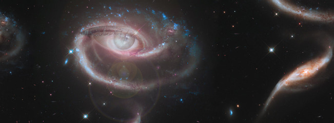 The concept of clairvoyance. A piercing look into the future against the starry sky. Paranormal abilities, clairvoyance, divination. Elements of this image are provided by NASA. Banner. - obrazy, fototapety, plakaty