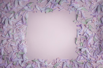 summer spring square frame with flower petals in lilac shades, on a cream pinkish lilac matte background. flat bookmark, top view