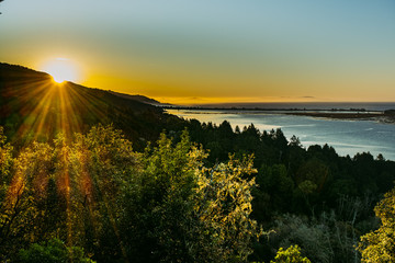 sunrise over hill with trees near the ocean and bay