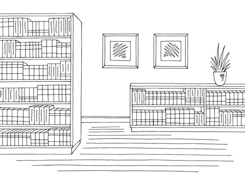 Library interior graphic black white sketch illustration vector