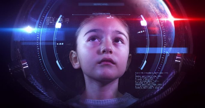 Close Up 4K Shot Of The Beautiful Little Girl Astronaut In Space Helmet. She Is Exploring Outer Space In A Space Suit. Science And Technology Related VFX 4K Concept Footage.