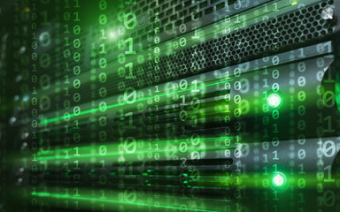 Green Binary code matrix digital internet technology concept on server room background. - obrazy, fototapety, plakaty