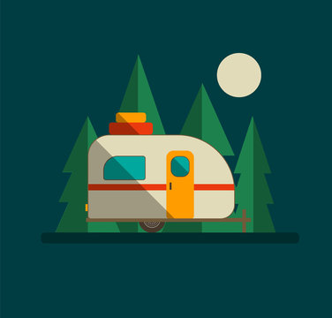 Camper Trailer in the Woods with Moon