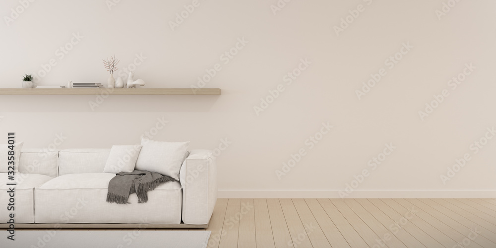 Poster View of white living room in minimal style with sofa and small wood shelf on wall.Perspective of interior design. 3d rendering.	