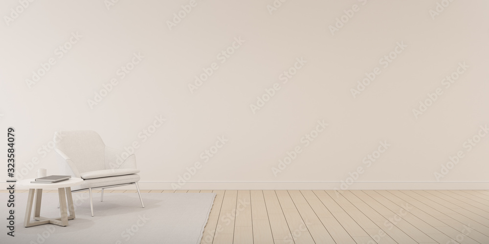 Poster view of white living room in minimal style with fabric chair and small side table on laminate floor.