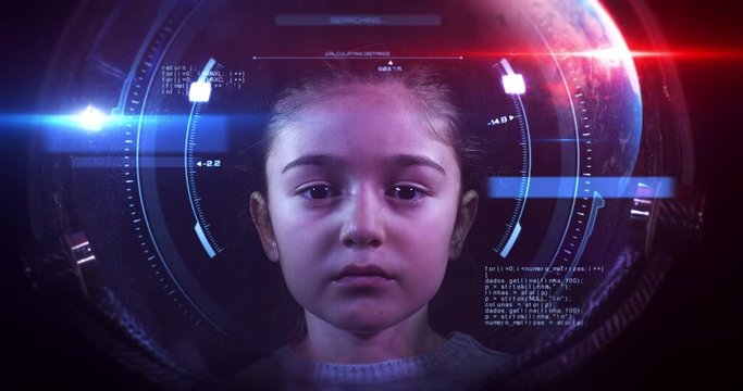 Beautiful Little Girl Astronaut In Space Helmet Looking At Camera. She Is Exploring Outer Space In A Space Suit. Science And Technology Related VFX 4K Concept Footage.