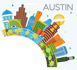 Austin Texas City Skyline with Color Buildings, Blue Sky and Copy Space.