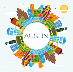 Austin Texas City Skyline with Color Buildings, Blue Sky and Copy Space.