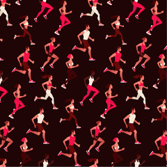 Running multinational people seamless pattern. Men and women running marathon outdoor background. Sports competition, workout or exercise, athletics. Active lifestyle. Colorful vector illustration.