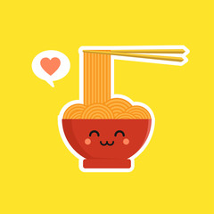 Cute and kawaii ramen bowl character in flat style. Noodle with chopstick cartoon character illustration with emoji and expression. Can use for restaurant, resto, mascot, chinese. japanese, asian