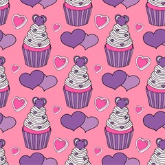 Vector graphic of the various sweets and desserts decorated into seamless pattern. Valentine's day seamless pattern of hearts and cupcakes. Beautiful abstract pattern with Valentine's day seamless