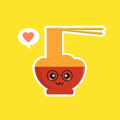 Cute and kawaii ramen bowl character in flat style. Noodle with chopstick cartoon character illustration with emoji and expression. Can use for restaurant, resto, mascot, chinese. japanese, asian