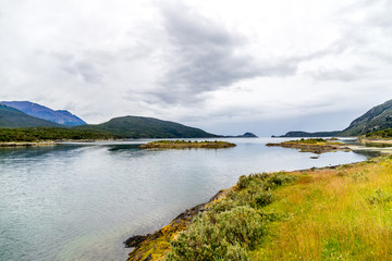 Fototapeta na wymiar Beautiful scenery around Lago Roco lake and Rio Lapataia river in Tierra Del Fuego national park, Argentina.