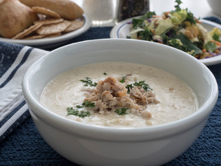 Crab Soup with Salad and Bread on Blue Horizontal