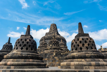 Some stupas in Borobudur Temple, Magelang, Indonesia. The main stupa is the back at the middle. Borobudur will be the location to celebrate Vesak Day.