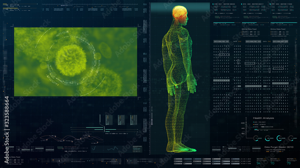 Poster futuristic head up display motion element virtual biomedical holographic human body scan neurologica
