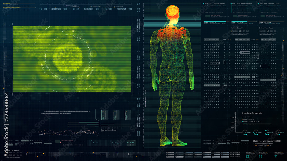Poster Futuristic head up display motion element virtual biomedical holographic human body scan neurological examination, axial skeleton, vertebral column, DNA and heart diagnostic for background display