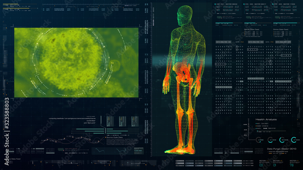 Poster futuristic head up display motion element virtual biomedical holographic human body scan neurologica