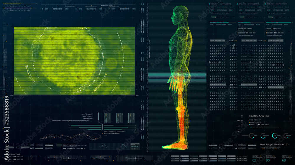 Poster Futuristic head up display motion element virtual biomedical holographic human body scan neurological examination, axial skeleton, vertebral column, DNA and heart diagnostic for background display