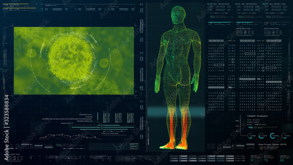 Poster futuristic head up display motion element virtual biomedical holographic human body scan neurologica