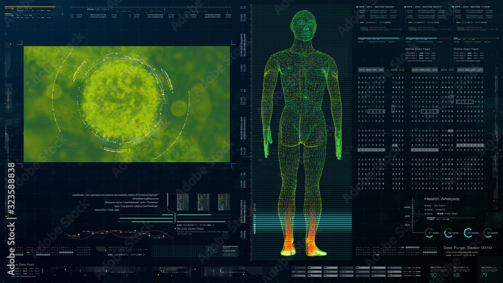 Poster futuristic head up display motion element virtual biomedical holographic human body scan neurologica