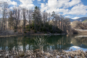 Obraz premium Mountain landscape, beautiful blue sky and white clouds, lake and trees reflection in the water, forest scenery, Smolyan, Bulgaria