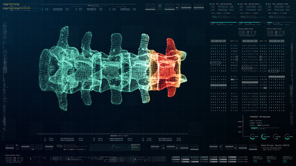 Futuristic head up display motion element virtual biomedical holographic human body scan neurological examination, axial skeleton, vertebral column, DNA and heart diagnostic for background display