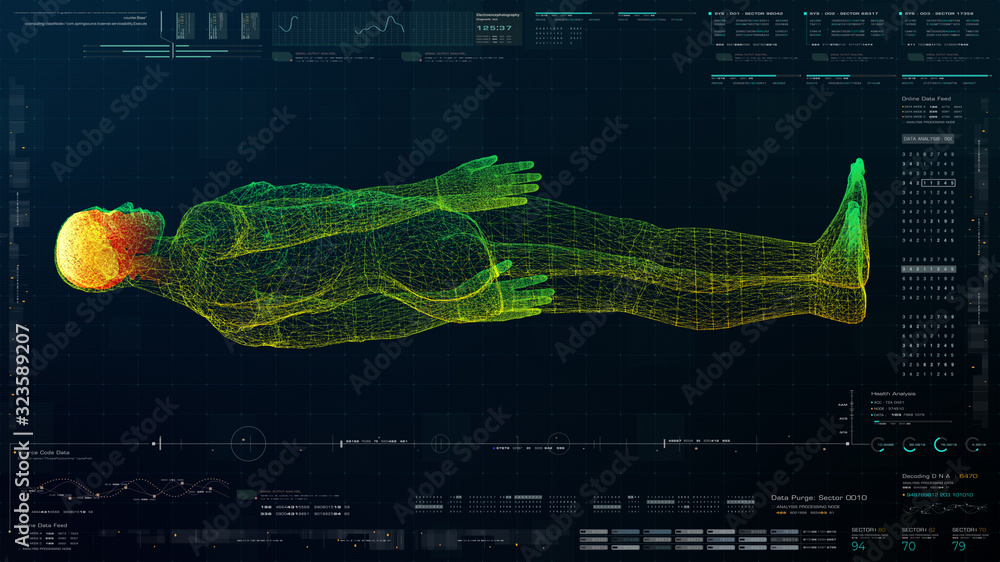 Poster futuristic head up display motion element virtual biomedical holographic human body scan neurologica