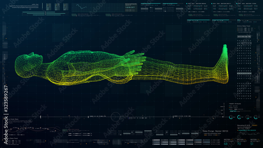 Poster futuristic head up display motion element virtual biomedical holographic human body scan neurologica