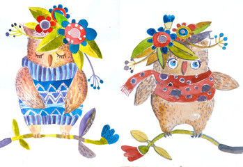 Watercolor isolated owls in a wreath with flowers. Handmade. Children's poster.