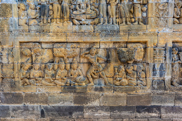 Stone carvings in Borobudur Temple, Magelang, Central Java, Indonesia. Borobudur Temple is the center for Vesak Day celebration in Indonesia,