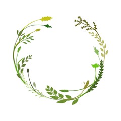 Fototapeta na wymiar Laural or wreath made of wild flowers, twigs and herbs. Round floral frame great to place any text, quote or logo. Rustic design great for summer or spring event. Vector illustration